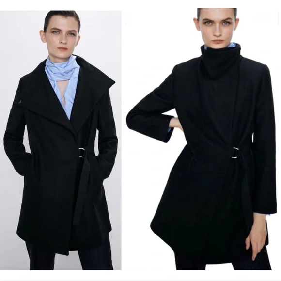 ZARA MANTECO Italian Luxury Wool Black Asymmetrical Belted Jacket Colins Coat M - Picture 6 of 16